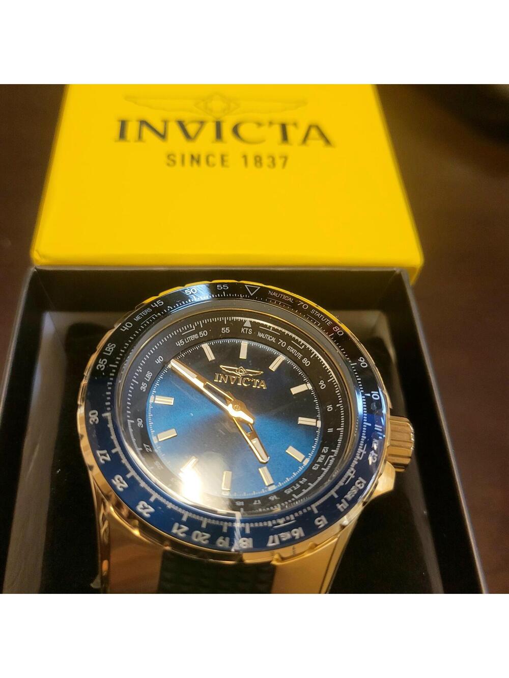 Invicta Men's Gold Tone Watch with Blue Dial and Black Silicone Strap